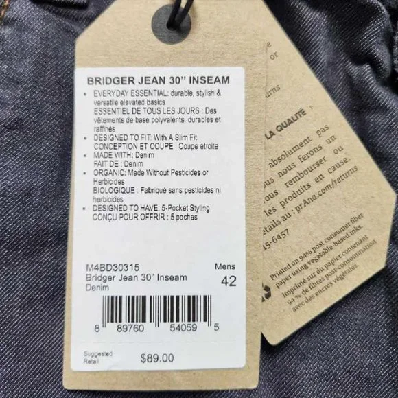 New men's 42x30 Prana Bridger lightweight jean in denim